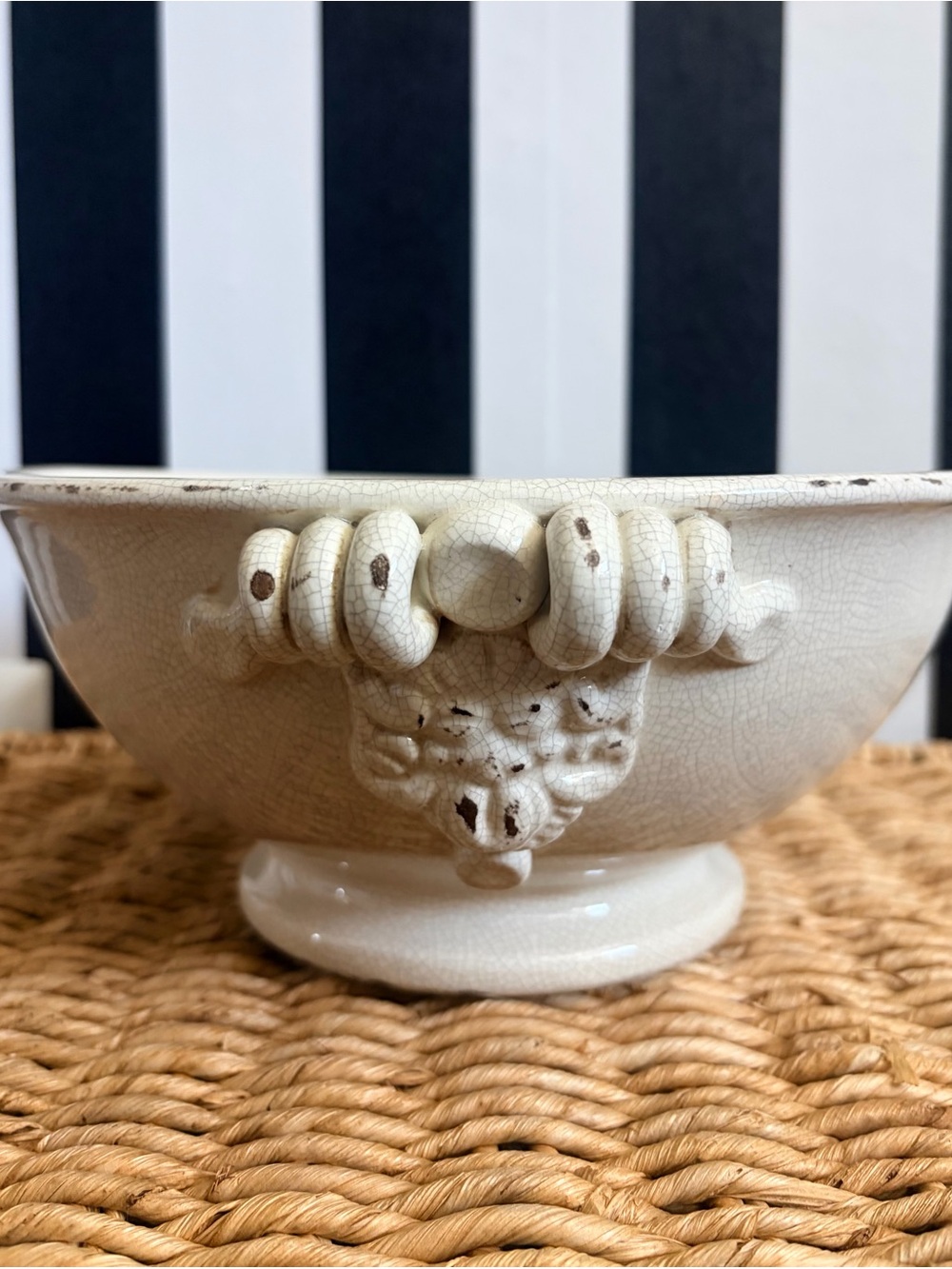 Vintage Italian Ceramic Crackle Glaze Pedestal Bowl Grapes Handles 10"